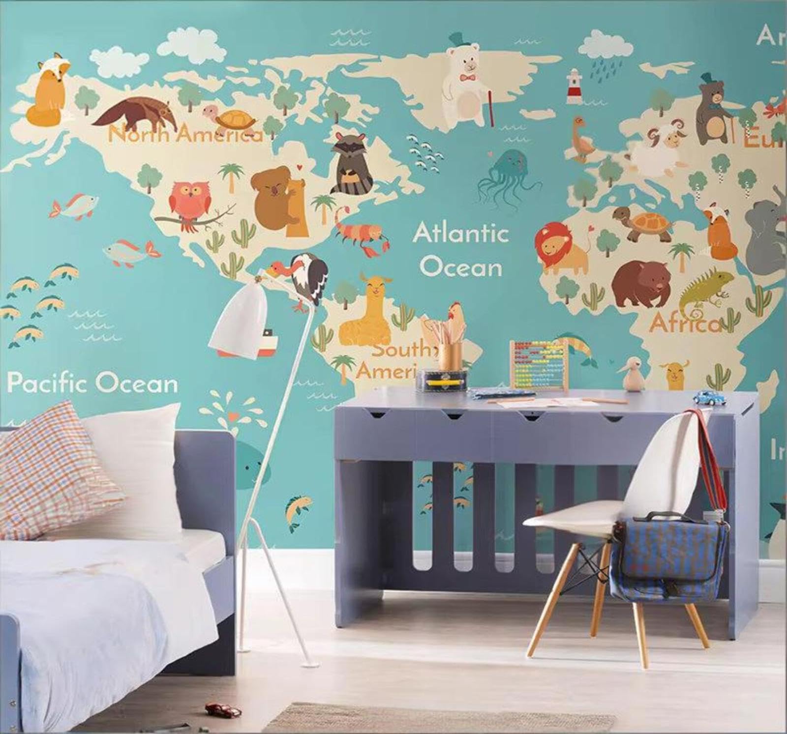 Cartoon Fresh Abstract World Map Animals 3D Wallpaper Easy Install Feature Office Living Room Sofa Bedroom TV Background Wall Decoration-430cm×300cm