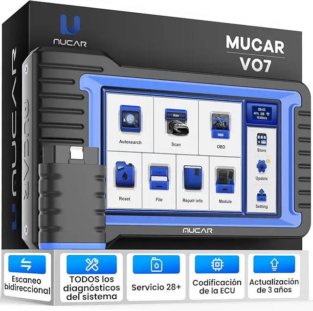 Imagen relacionada con OBD2 Diagnosis, MUCAR VO7 Diagnosis Coche Multimarca de Sistema Completo y 28+ Funciones de Reinicio, Diagnosis Coche para Codificación ECU, Control Bi-Direccional, Especiales para Siempre Gratis
