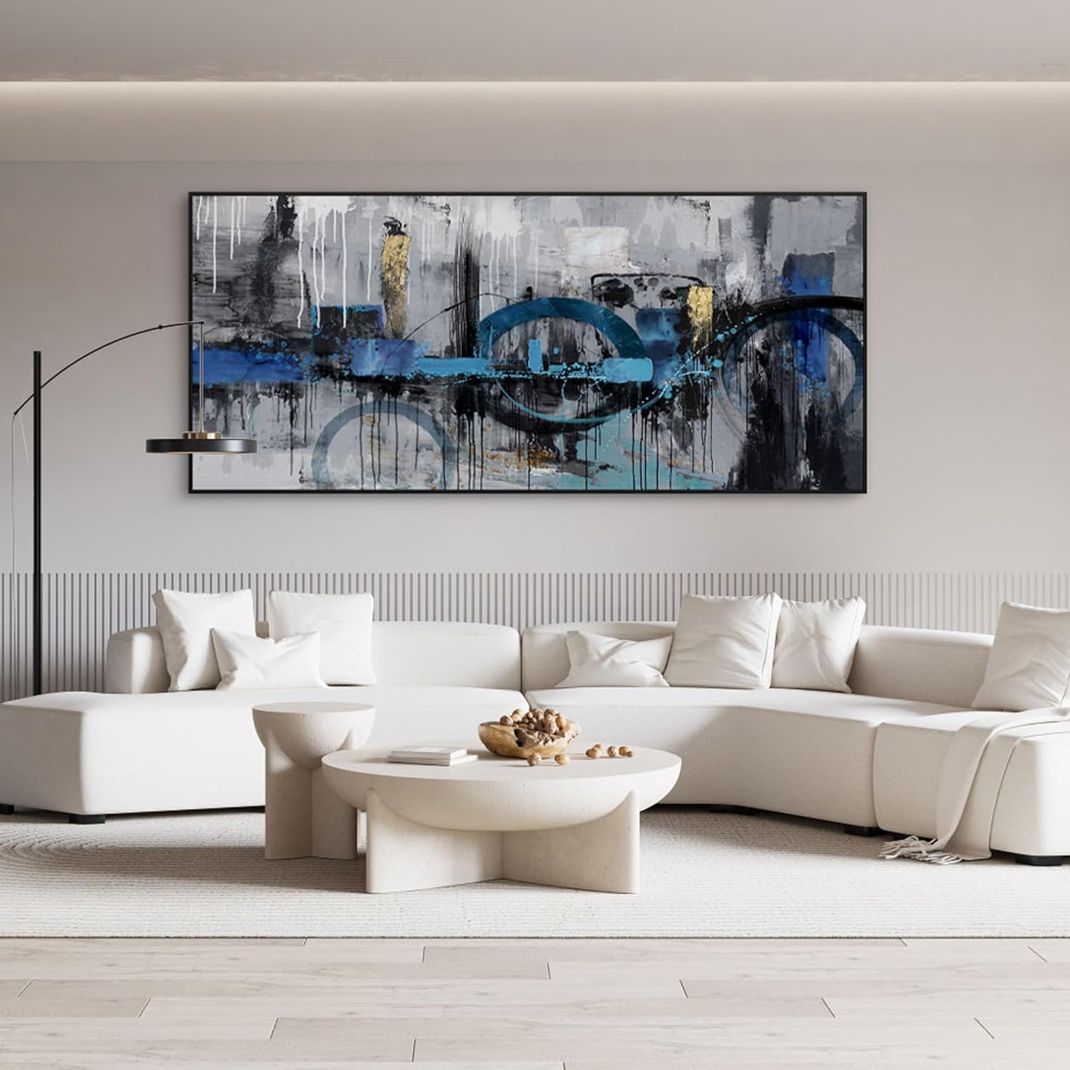 KLAKLA Large Abstract Wall Art Canvas - Blue and Gray Lnk Style Gold City Scenes Wall Decor Living Room Bedroom Decoration Black Frame Picture Artwork for Wall Modern Landscape Wall Decor