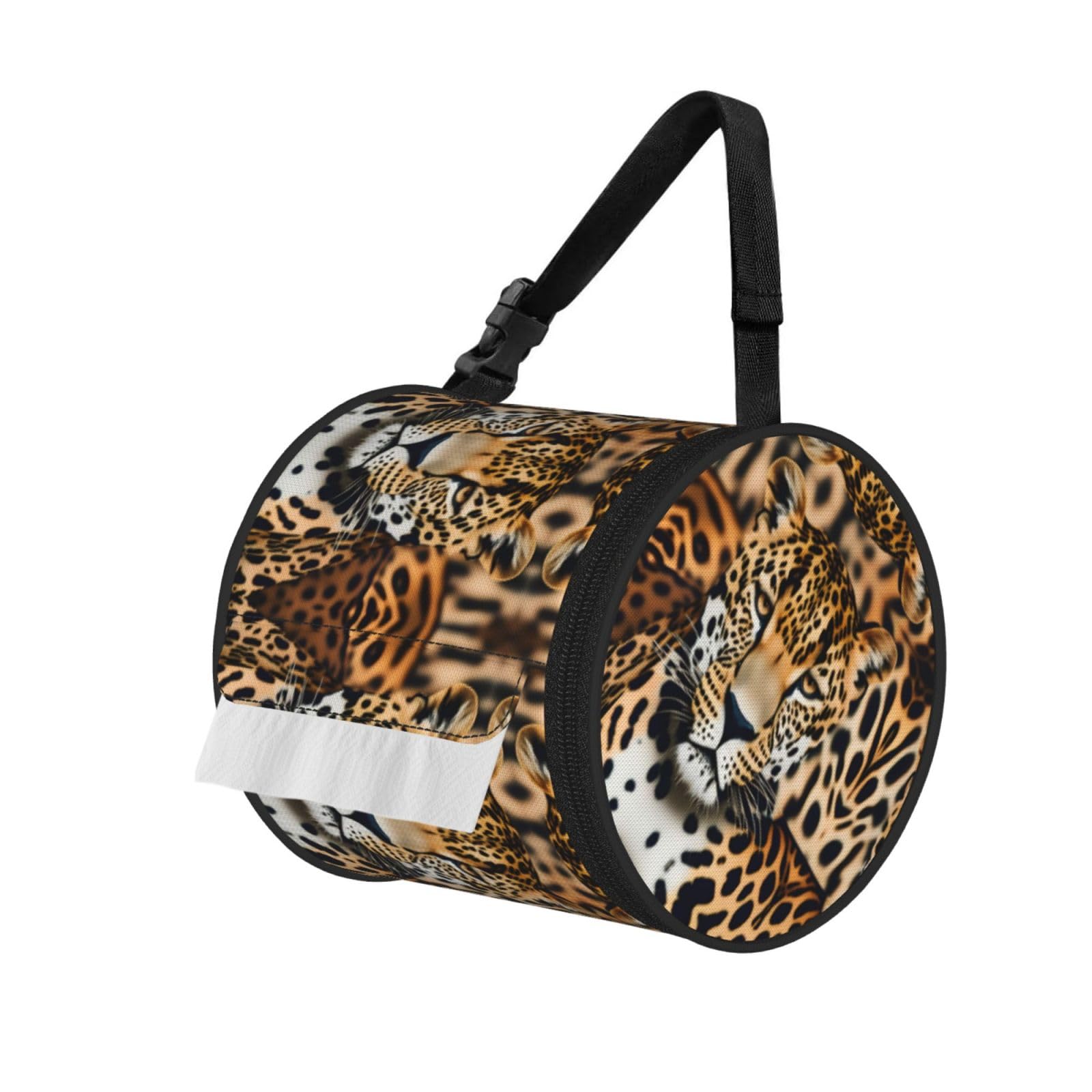 Jiuty Black Animal Leopard Print Cylinder Tissue Organizer Bag With Strap, Portable Toilet Roll Holder For Camping Car