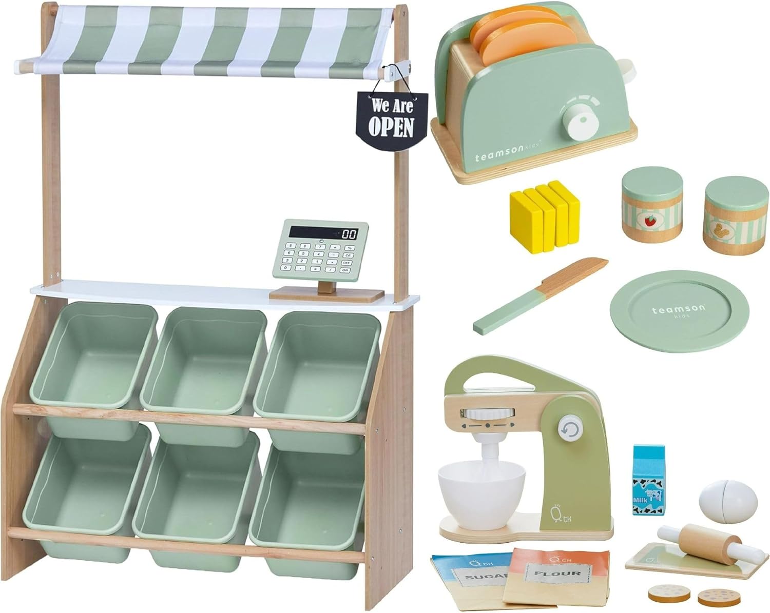 Teamson Kids 3-in-1 Pretend Play Set – Toaster Accessories+ Mixer & Market Stand Set + Farmer’s Market with Cash Register & Storage Bins