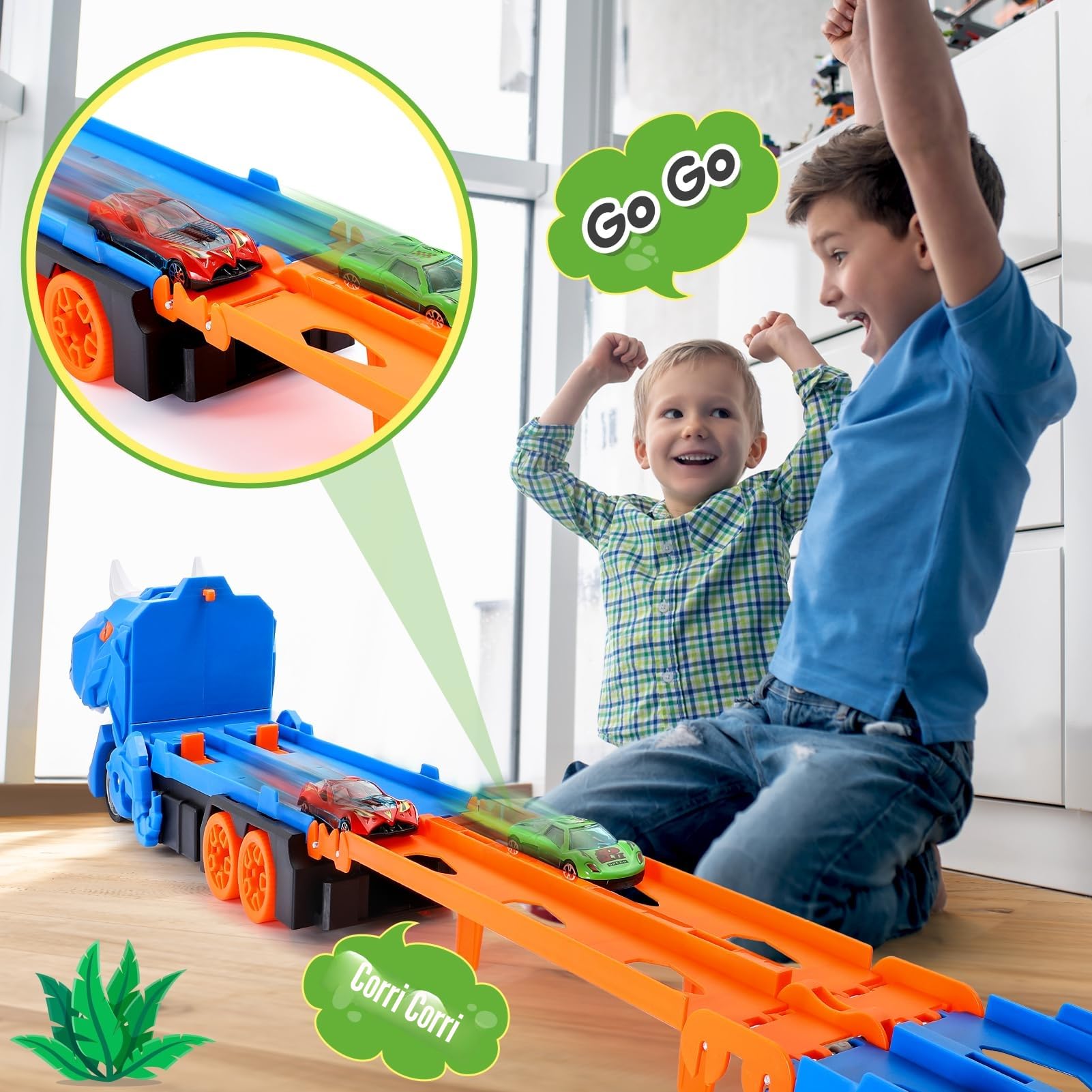 iKidiki Dinosauri Camion Macchinine per Bambini, Gioco Bambino 2 3 4 5 Anni Dinosauri per Bambini Regalo Bambino 2 3 4 5 Anni Camion Giocattolo per Bambini, Traccia Car con 6 Auto da Corsa in Lega