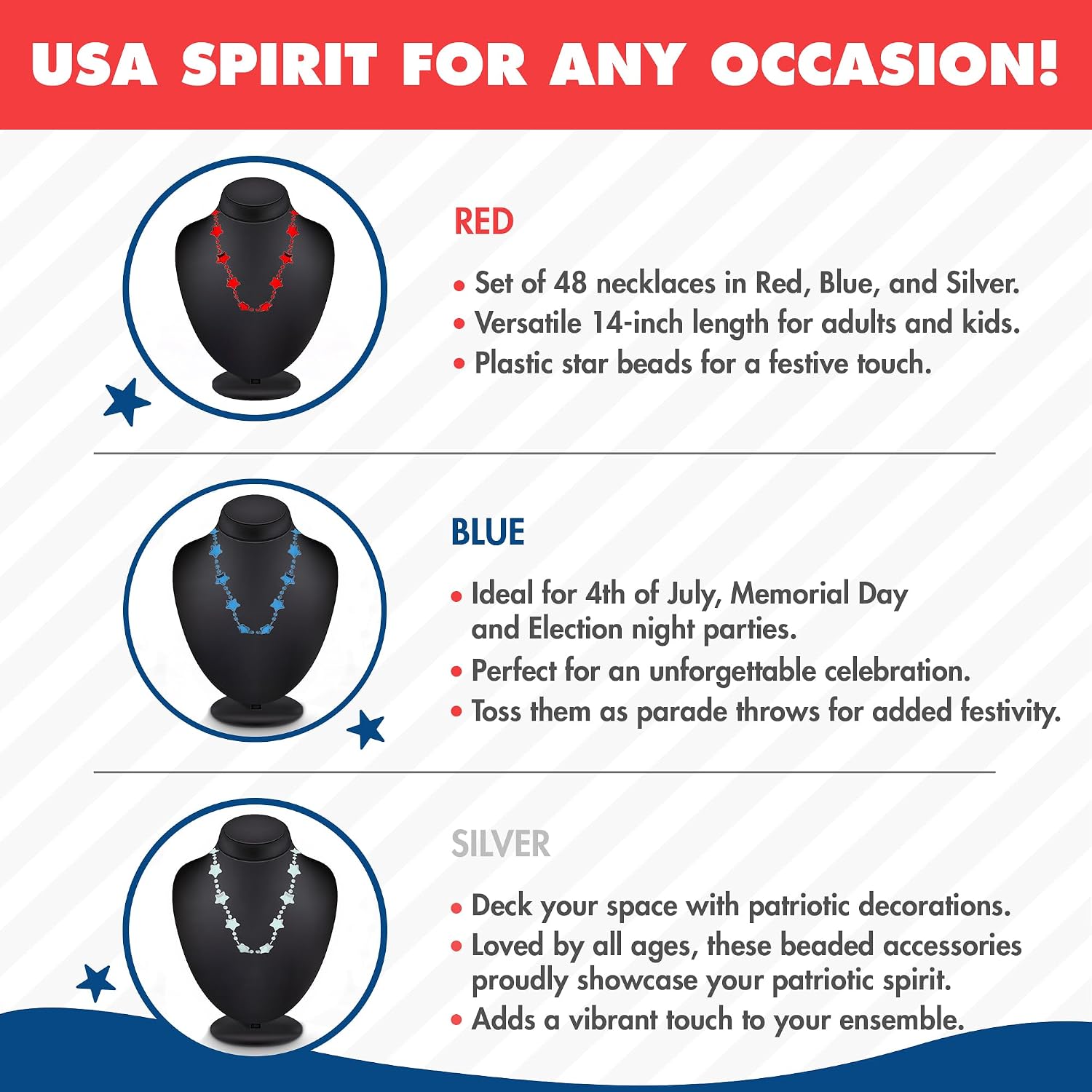 Podzly 48 Metallic Patriotic Star Necklace - USA Accessories - Red, Blue & Silver Bead Necklace for Adult & Kids - Accessories for 4th of July, Memorial Day - Plastic Beaded Party Favor or Decorations