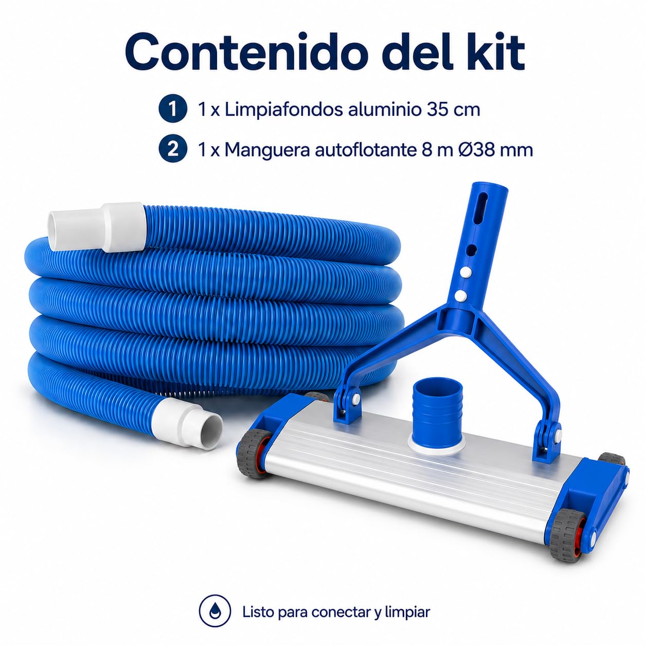 SIQUA Kit Limpieza Piscina Premium, Limpiafondos Aluminio con Cepillos Laterales, Manguera Autoflotante 8 m Ø38 mm, Aspirador Manual Fondo Piscinas, Alta Resistencia UV