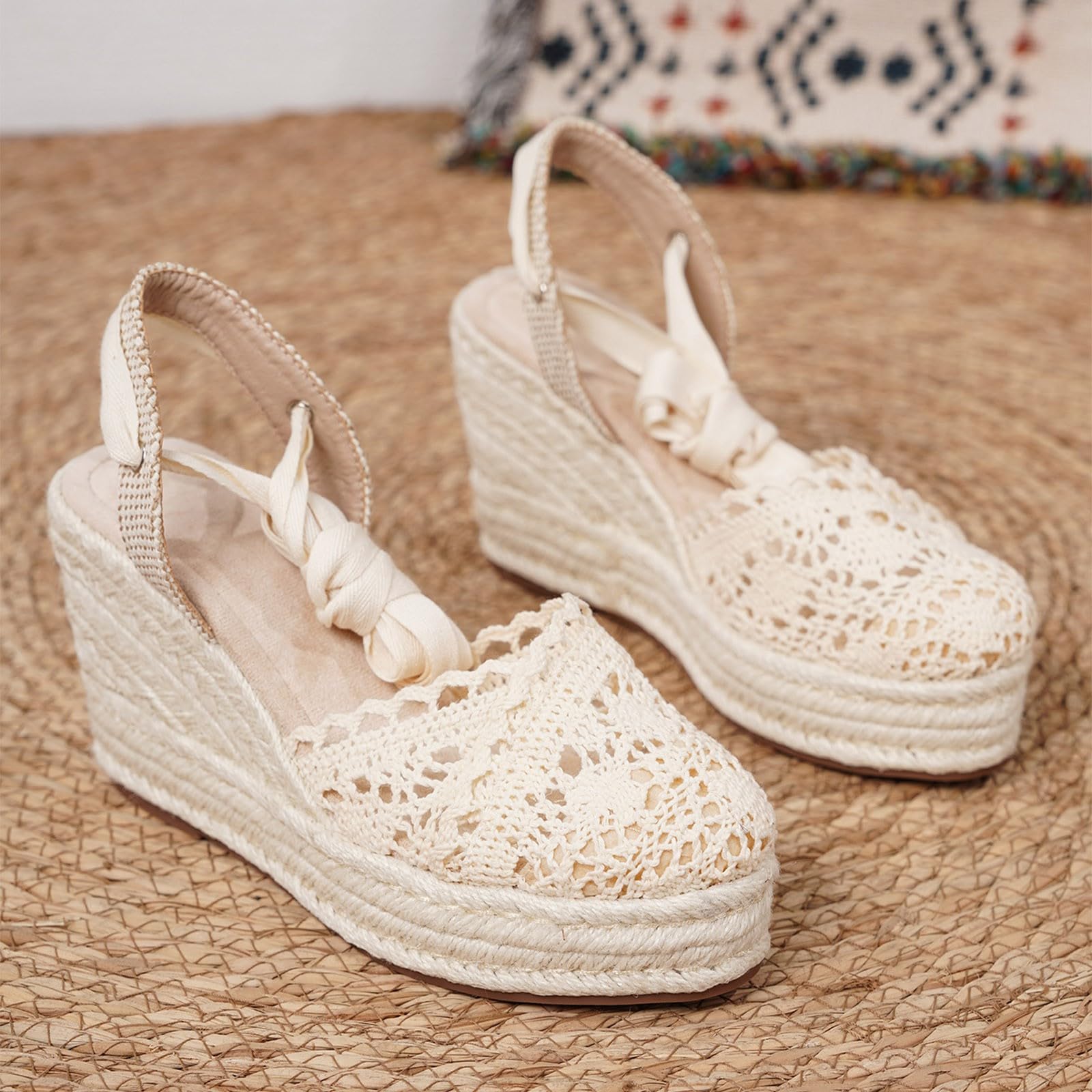 Generisch Espadrilles pour femme - Sandales à lanières - Style bohème - En tricot - Sandales compensées - Aérées - Sangle enroulée - Lacets élégants - Chaussures de mariée - Talons hauts souples pour