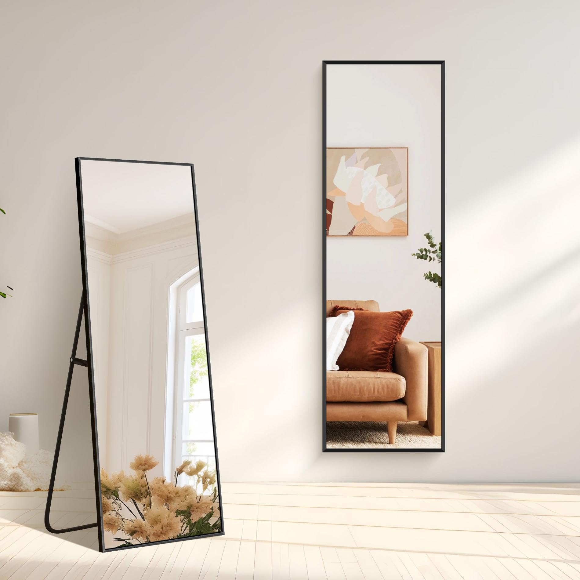 Specchio da Terra, 147 x 44 cm Specchio Rettangolare con Cornice in Alluminio Nero per Bagno, Camera da Letto, Ingresso e Corridoio