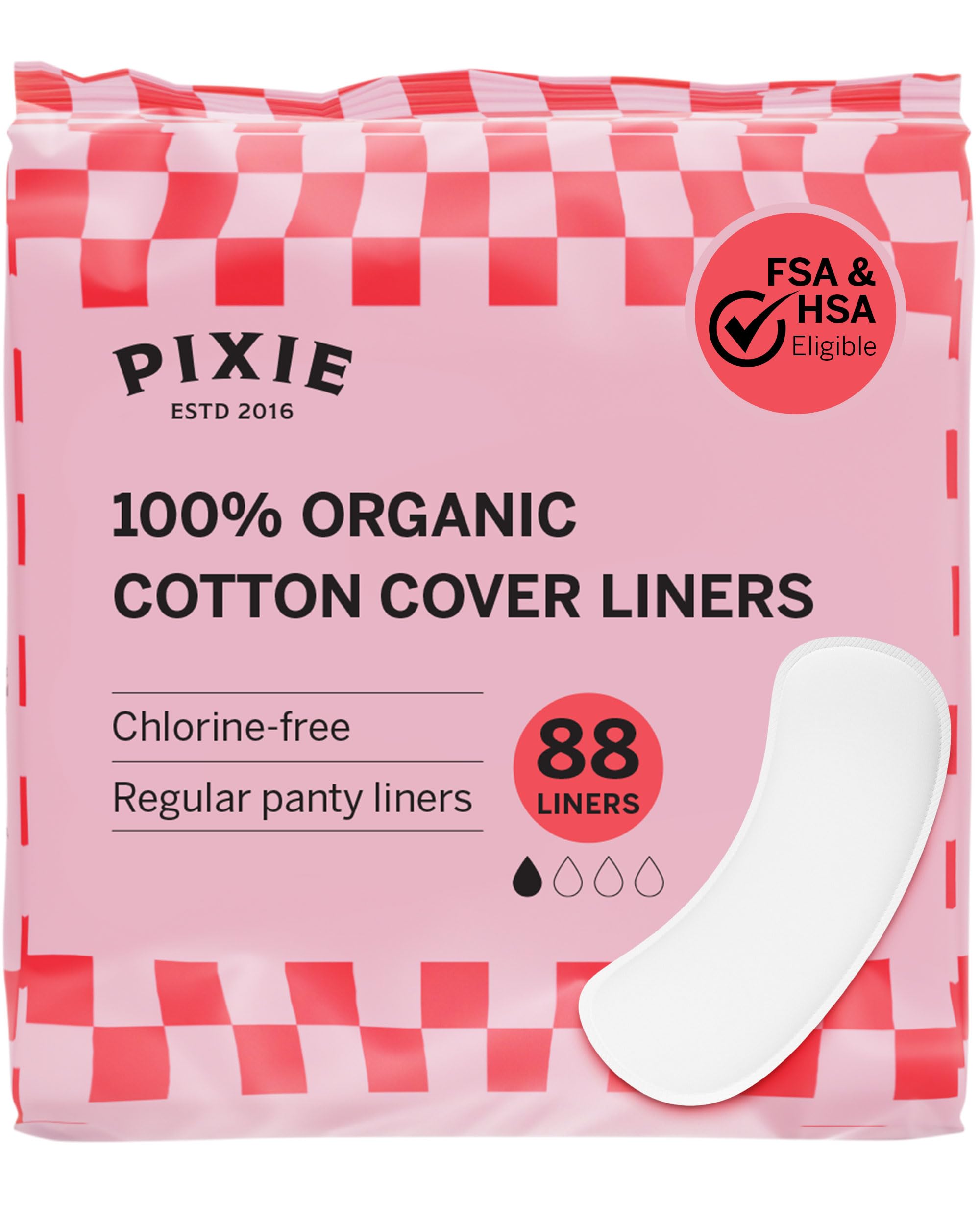 Pixie Organic Cotton Panty Liners for Women - Regular Wrapped Pantiliners - Light Absorbency &amp; Ultra-Thin - Leak-Proof, Hypoallergenic &amp; Unscented for Feminine Care - Compostable - 88 Count