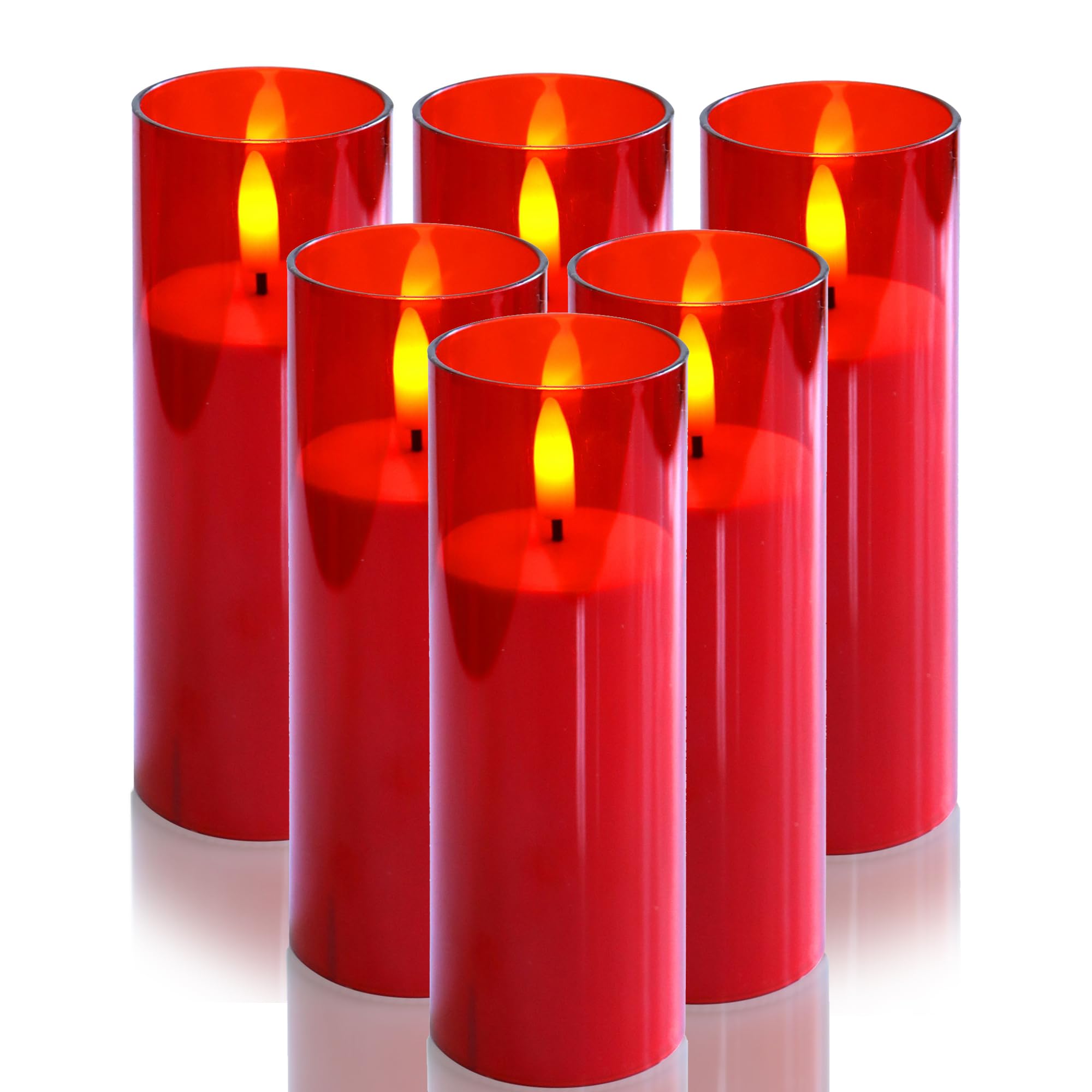 Indoor Outdoor Flameless Candles with Timer Waterproof Realistic Flickering Battery Operated Pillar LED Lights with Acrylic Shell Wedding Party Christmas Decorations 6 Pack 2”x6” Red