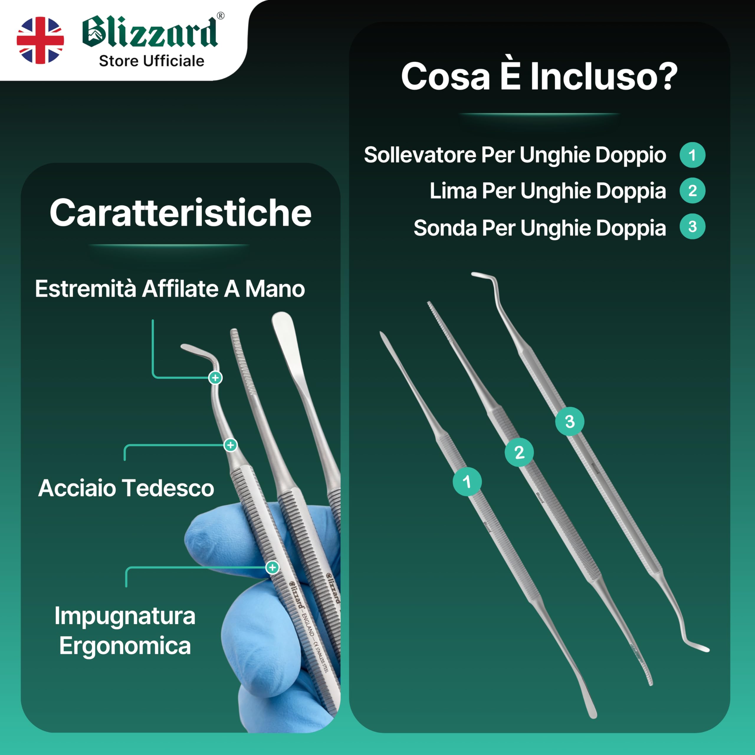 Blizzard Kit Pedicure Professionale 3 Pezzi — Ferri da Podologo per Unghie Incarnite — Set Podologia con Lima, Pulitore e Sollevatore — Acciaio Inox — Per Anziani e Uomo