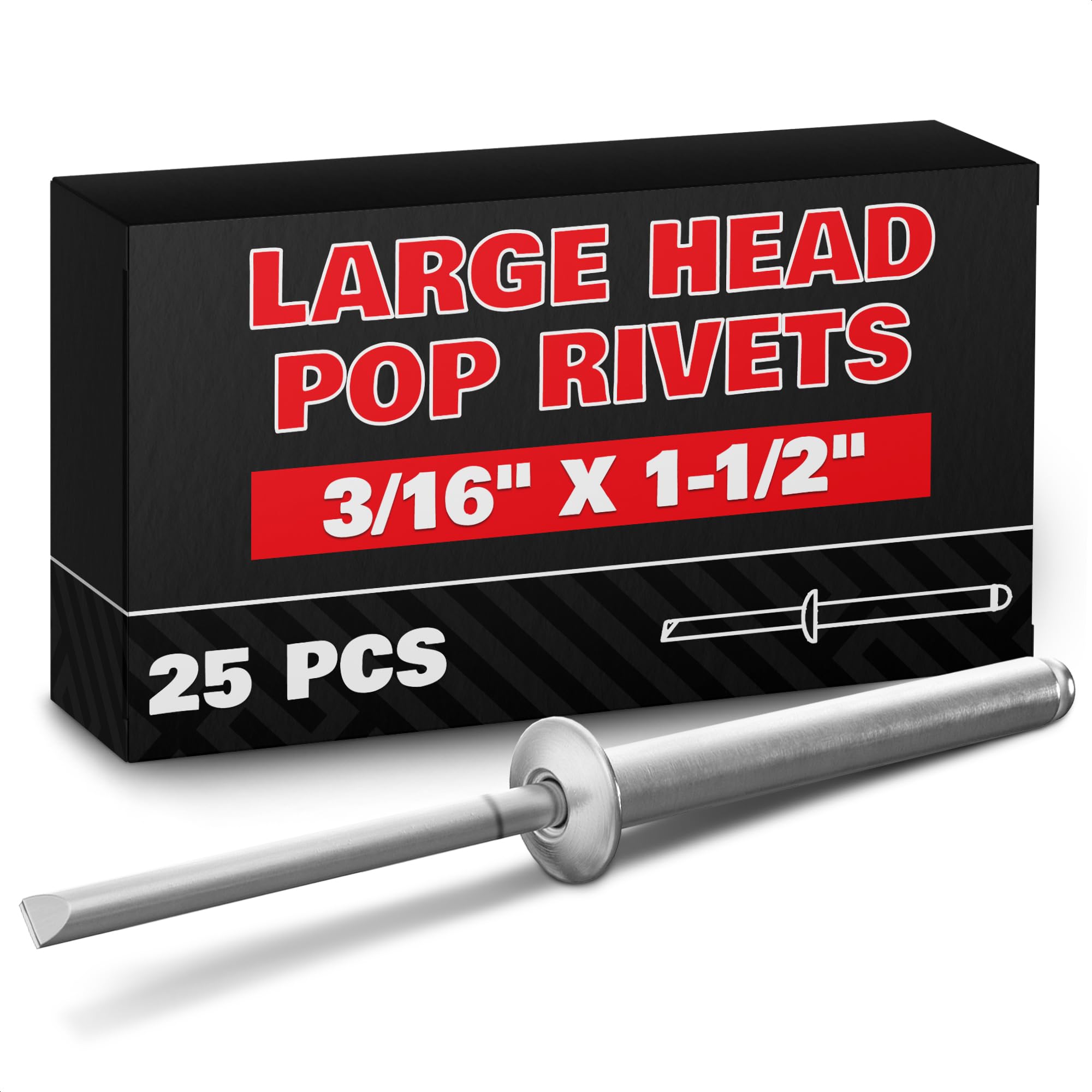 25 Pcs Aluminum Long Rivets 3/16 x 1-1/2 Large Dome Head Long Grip Blind Rivets Grip Range 24–30 mm (0.94–1.18") Heavy Duty for Windows Doors Metal