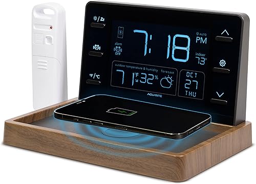AcuRite Valet meteorológico con almohadilla de carga inalámbrica certificada Qi, pantalla LCD con atenuación automática, reloj despertador,