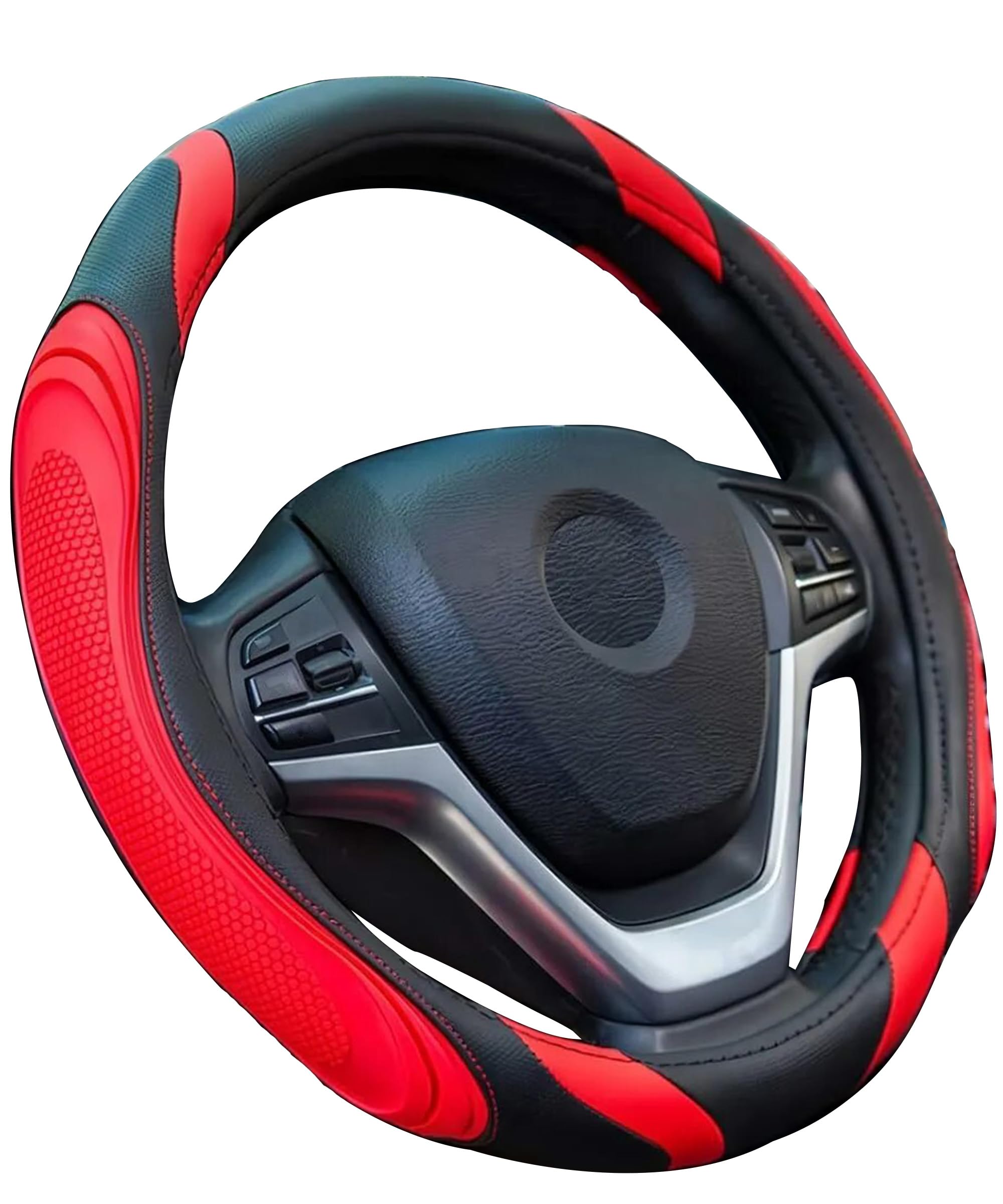 Xibao Lenkrad Bezug Auto,Auto Lenkradbezug Universal,Super Anti-Rutsch Lenkradhülle in Leder für Sommer Winter,Geeignet für Lenkräder mit Einem Außendurchmesser von 37 bis 38 cm (Schwarz&Rot)