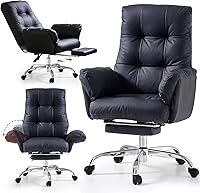 Vista 12 de Silla de oficina EMIAH con reposapiés, silla de cruce con ruedas y brazos abatibles, silla de escritorio reclinable, silla de computadora de cuero