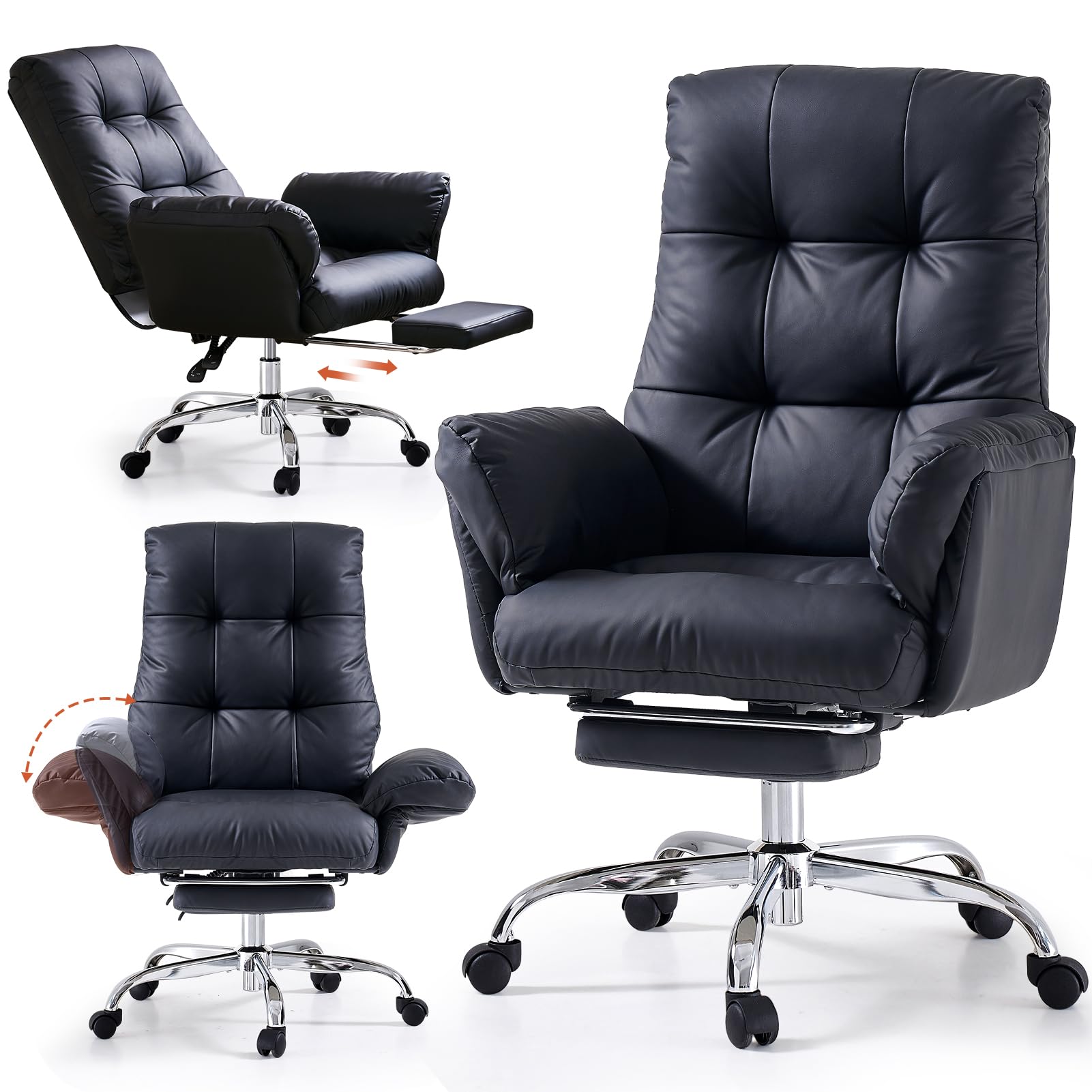 EMIAH Sedia da Ufficio con braccioli ribaltabili, Criss Cross Poltrona Reclinabile da Scrivania in Pelle PU, Sedie Moderne per Vanità con Ruote, Ergonomica Sedia da Computer con Poggiapiedi, Nero