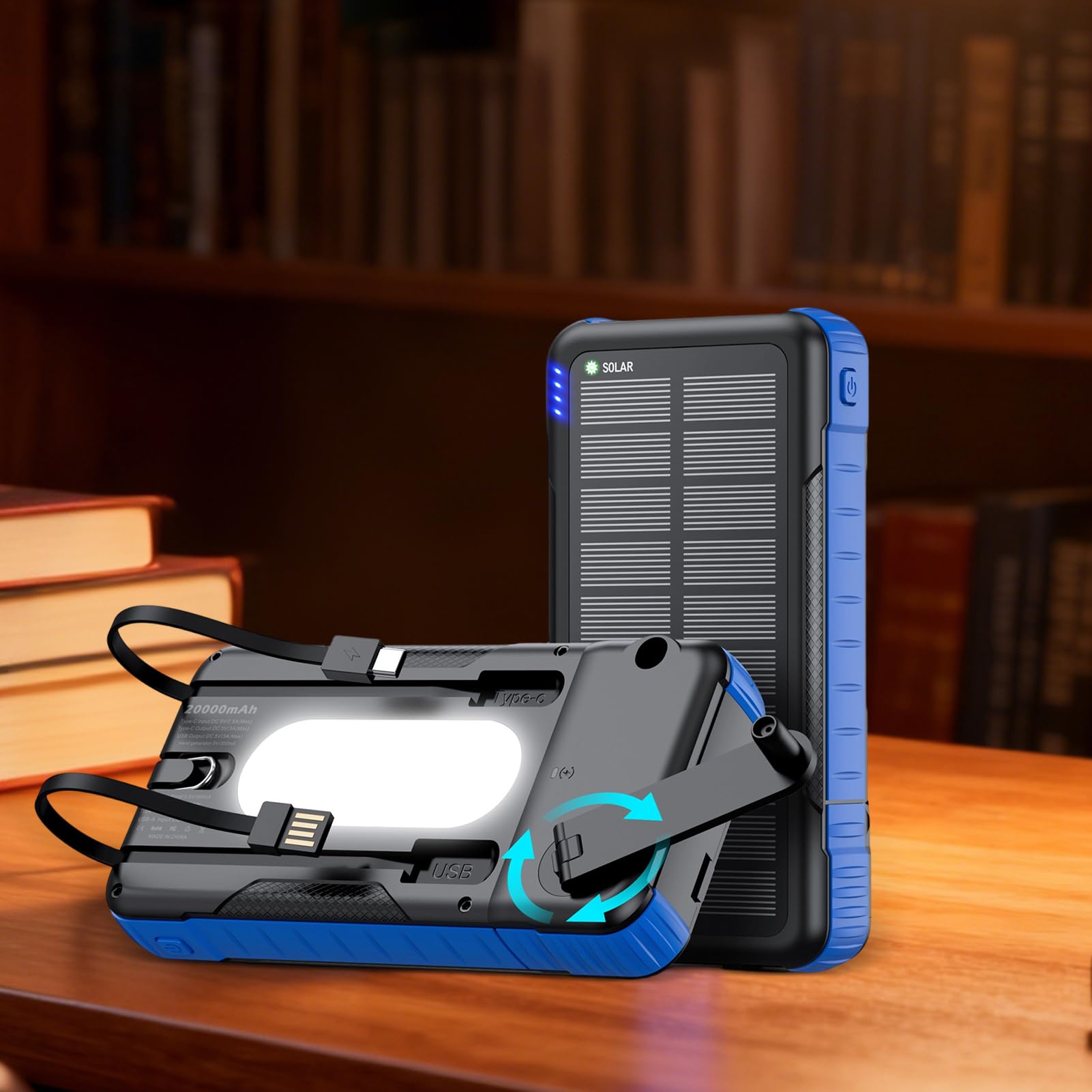 Caricatore Solare Power Bank Power Bank Impermeabile 20000mAh | Power Bank con Manovella e Energia Solare per Fotocamera Tablet Escursionismo Viaggio Road Trip Pesca Zaino in Spalla