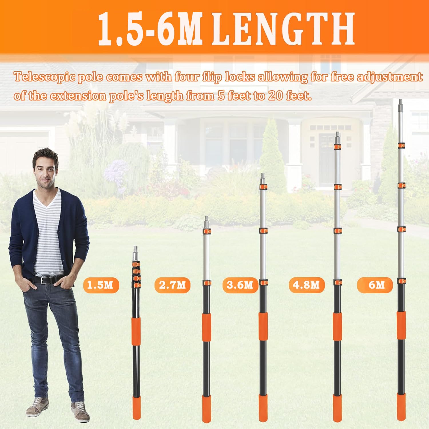 Barra Telescópica Extensible 6 m, Alargador Ajustable 1,5-6 m, Ligera con Adaptador Metálico Universal Twist-On, para Pintura, Limpieza, Yeso, Ventanas y Canalones (Naranja)