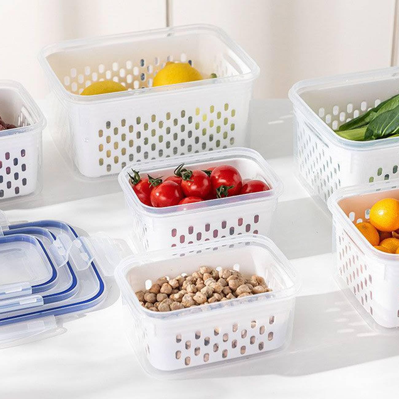 Zestaw 3 pojemników do przechowywania żywności z pokrywkami - pojemniki na owoce 2026 na lodówkę, niebieskie przezroczyste plastikowe pudełka do przechowywania, 3 szt