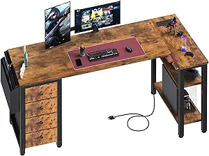 Lufeiya L Shaped Computer Desk with Drawers & Storage Shelves, 55 Inch Corner Desk with Power Outlet for Home Office Bedroom, L-Shaped Teen PC Gaming Desks with Fabric Drawer, Rustic Brown