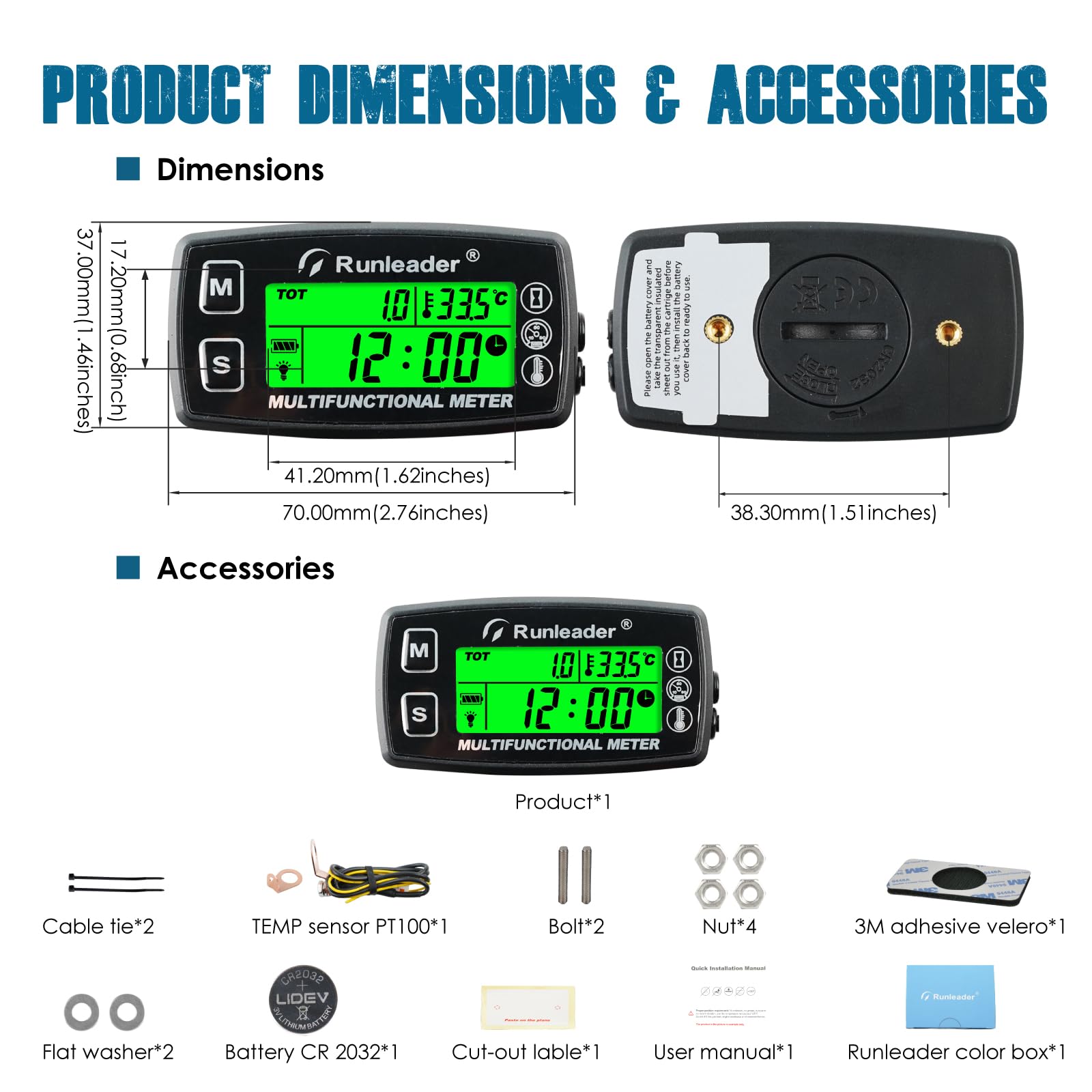 Runleader Indicador de Temperatura del Motor Digital, Tacómetro de Horas de Mantenimiento, Reemplazo de Batería y Fuente de Alimentación Externa de CC 5V a 30V para Motores de Gasolina,Cortacésped