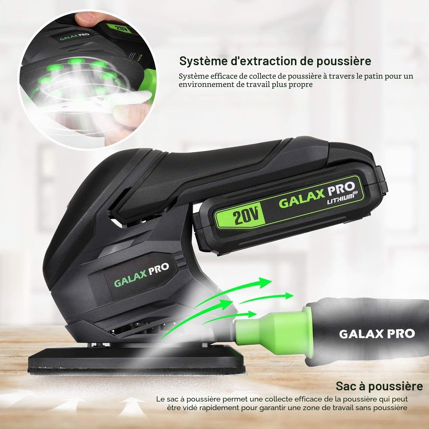 GALAX PRO Ponceuse multifonction sans fil 20 V Li avec sac de collecte de poussière, 20 feuilles de papier abrasif | 20 V 140 mm x 94 mm Ponceuse delta avec batterie et chargeur