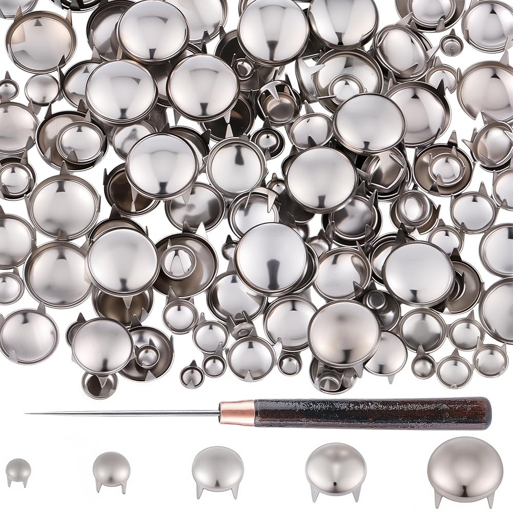 CALFOVERA 150PCS 5 Size Pressed Round Beads Spike Spot Rivets Solid Brass Metal Nailheads Dome Studs Rivet 4 Prongs Studs Cap Nail Head for DIY Leather Clothing Belt Bag Shoes(Silver)