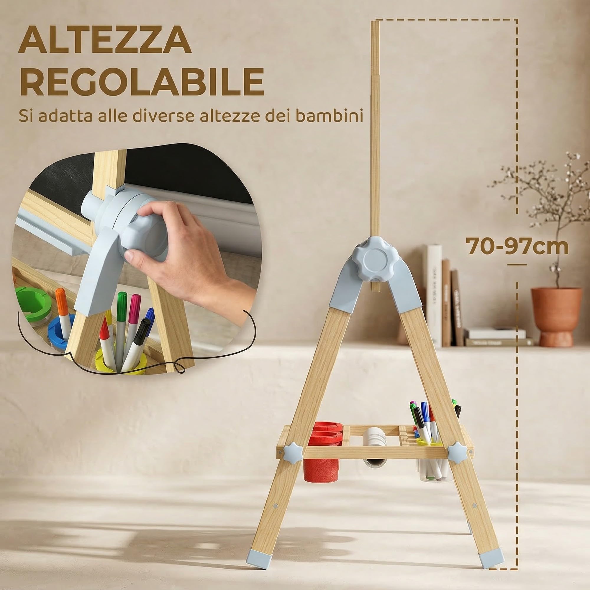 AIYAPLAY Cavalletto da Disegno per Bambini con Lavagna Doppia per Gesso e Pennarelli, Lavagnetta Magnetica, Vassoio Portamatite, Rotolo Carta Incluso, Legno Naturale