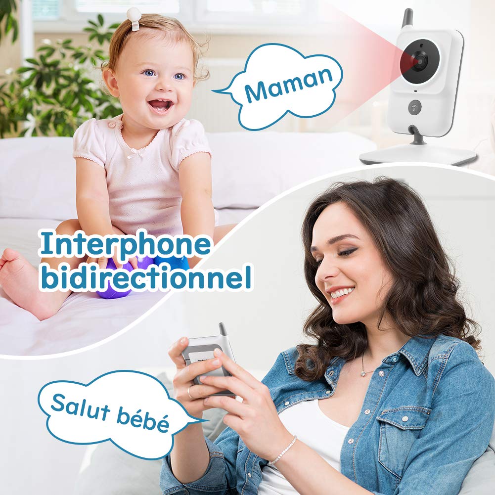 GHB Bebé Monitor Babyphone Cámara de 3,2 pulgadas LCD de 2,4 GHz con Fonciton VOX Sensor de temperatura Comunicación Bidireccional Visión Nocturna