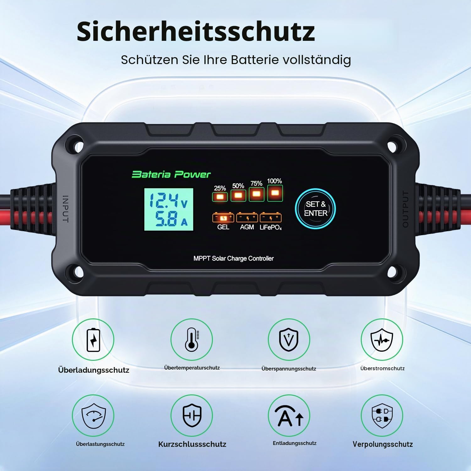 Bateria Power 10A MPPT Solarladeregler 12V MPPT Laderegler Solar mit LED und LCD-Display, Anwendbar auf Versiegeltem Flooded Gel AGM Lithium LiFePO4 Batterie