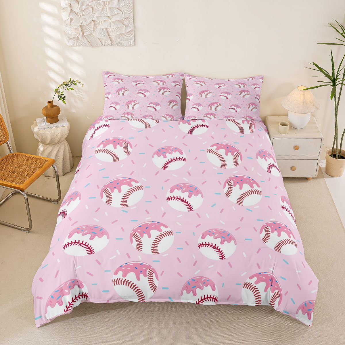 Couvre lit glace kawaii et housse couette enfant baseball rose 220x240