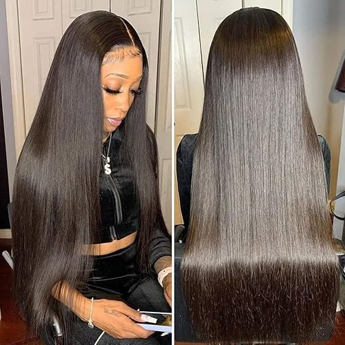 Iris Queen 28 Inch 220 Density Straight HD Lace Front Wigs Human Hair Pre Plucked 12A 13x4 Transparent Lace Frontal Human Hair Wig Natural Black Color for Women