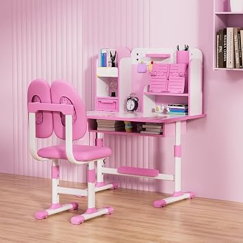 Kids Desk and Chair Set, Height Adjustable Pink Desks for Kids, Kid Desk with Storage,Toddler Table Study Table with Bookshelf and Drawer, for Boys and Girls (Pink-d)