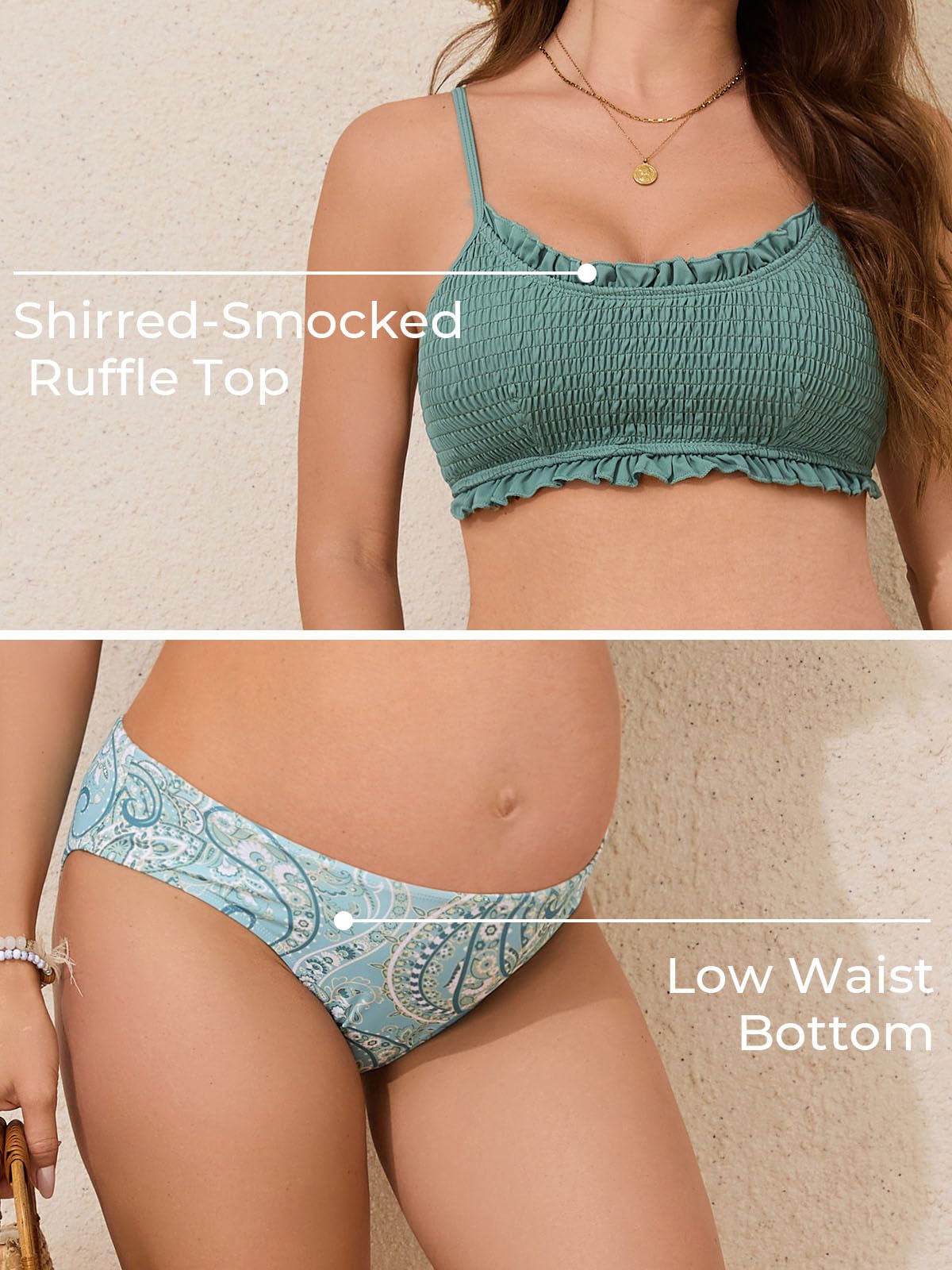 Summer Mae Costume da bagno premaman con volant a due pezzi bikini a vita bassa arricciato fumé costume da bagno gravidanza