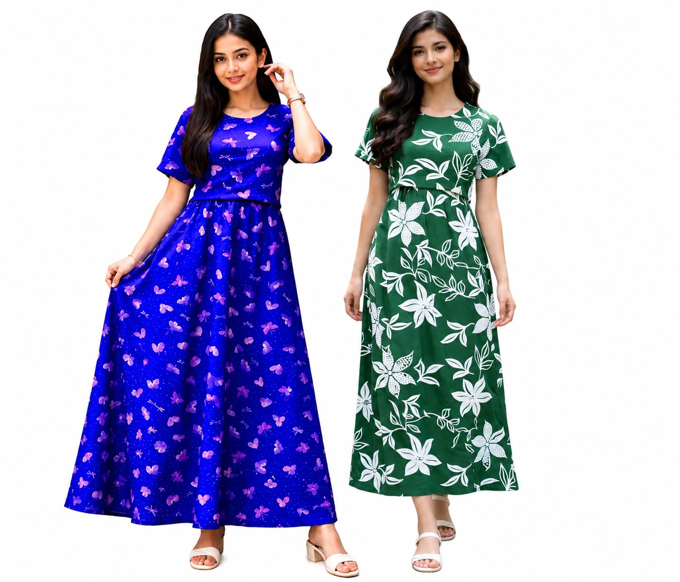 RENIS.Store Women's 100% Cotton Zipless Feeding Maternity Nighty Pack of 2 | Pull Up Nursing Night Dress | Soft Pregnancy & Feeding Wear | Blue(Pink Butterfly)_Green(White Big Flower) | Size-XXL-image-46