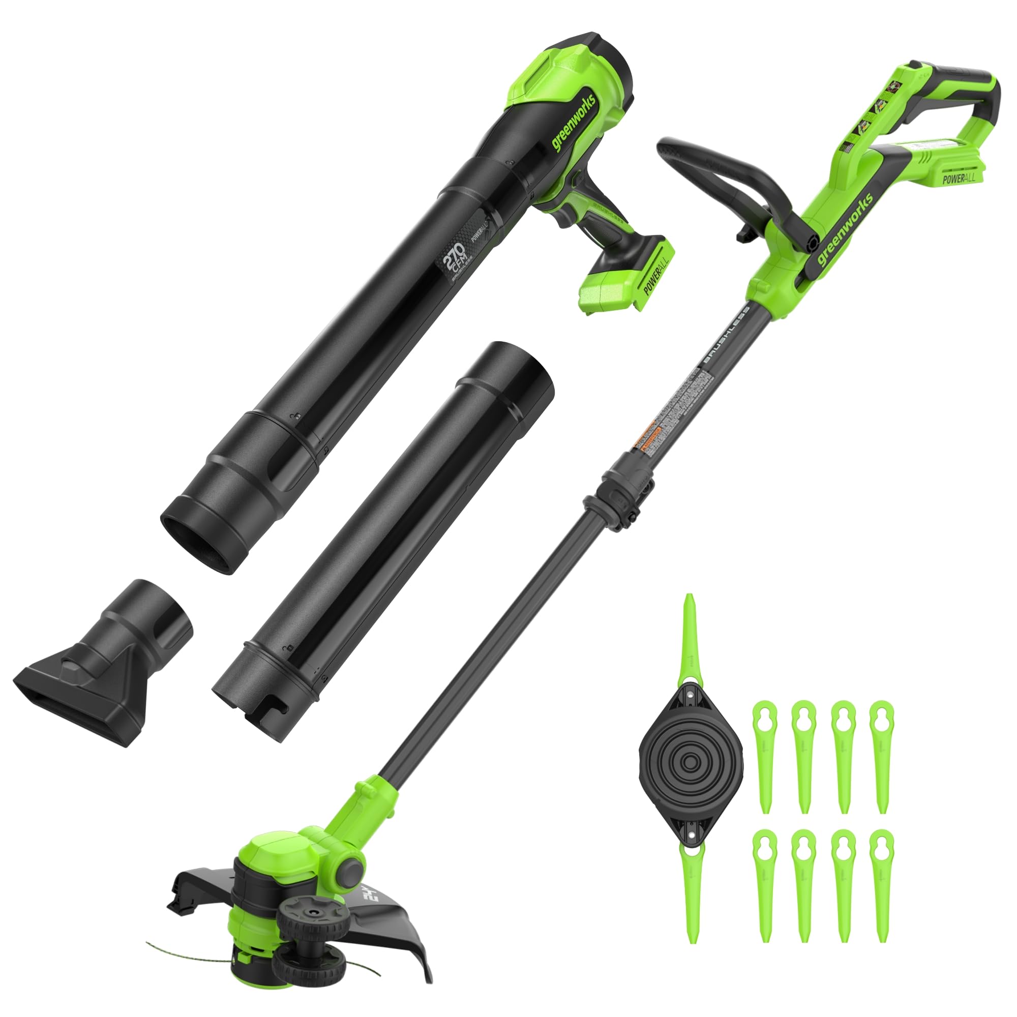 Greenworks 24V 12" Brushless String Trimmer + (270 CFM / 130 MPH) Brushless Compact Leaf Blower (Tool Only Combo)