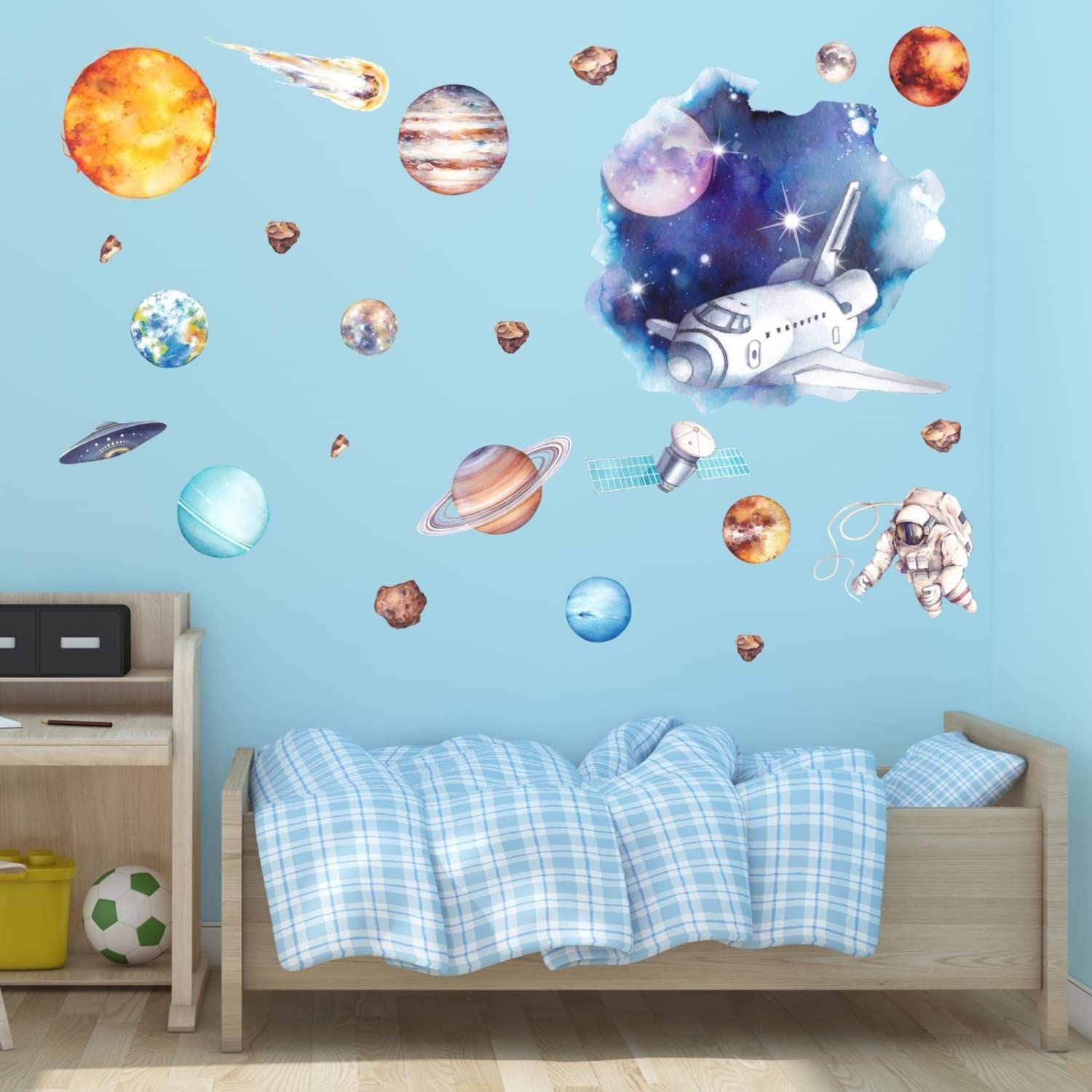 nikima Schönes für Kinder 239 tatuaż ścienny z motywem kosmosu, planety, astronauta, akwarela, rozmiar 2000 x 1120 mm, w 6 rozmiarach – naklejka do pokoju dziecięcego, naklejka ścienna, dekoracja ścienna