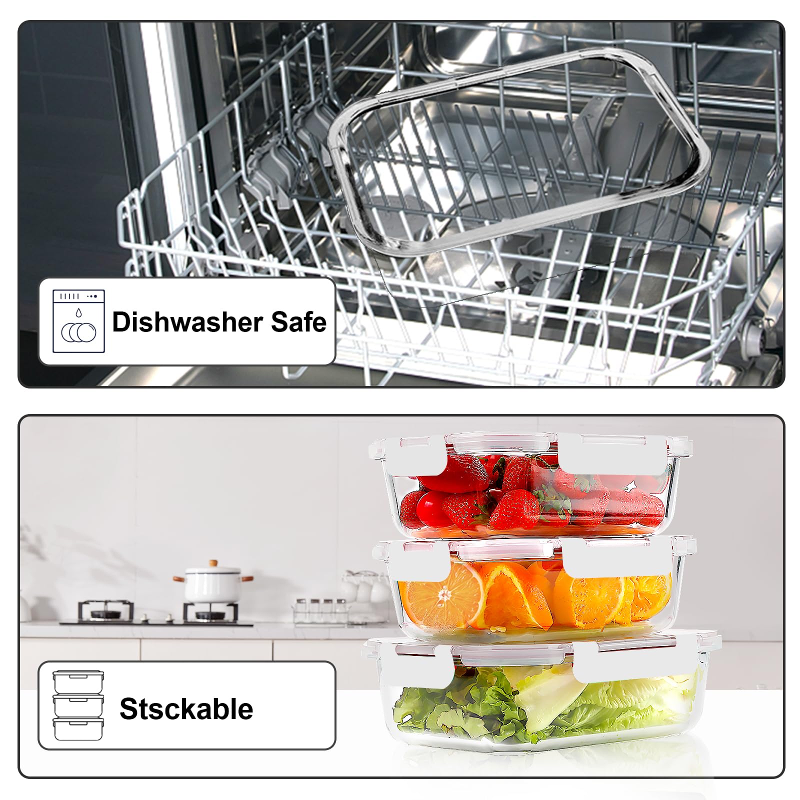 VERONES Paquete de 10 recipientes de vidrio para preparación de comidas, recipientes herméticos de vidrio para almuerzo, juego de recipientes apilables para almacenamiento de alimentos con tapas