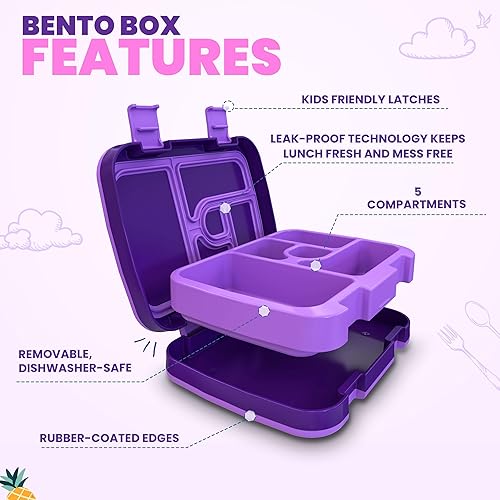 Miniatura 3 de YOLAY Lonchera Bento para niños, a prueba de fugas, lonchera de 5 compartimentos para niños de 3 a 10 años, duradera con base antideslizante,