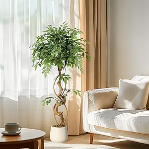 GarveeHome Ficus Artificial Tree with Curved Trunk,4 Feet Faux Plant Fake Silk Trees with White Pot, Fake Ficus Tree for Home Decor, Artificial Plants Indoor for Indoor Office Living Room