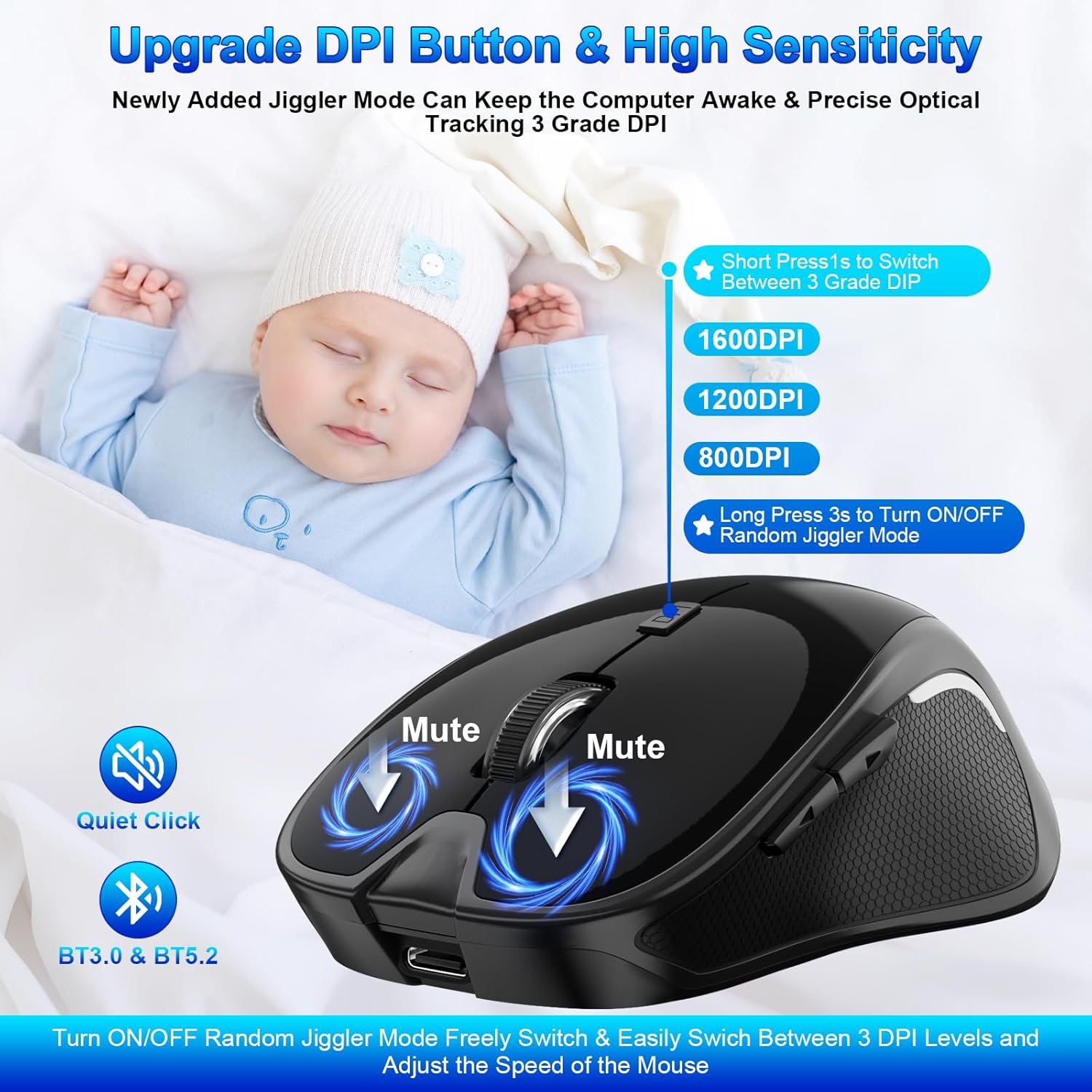 Mouse for MacBook Bluetooth Wireless Mouse Laptop MacBook Air Mac Pro Silent Rechargeable PC iPad Optical Mouse with Jiggler Dual Mode Switch Bluetooth 5.2/3.0 and 2.4GHz USB Type-C Receiver ROSE GOLD - Image 5