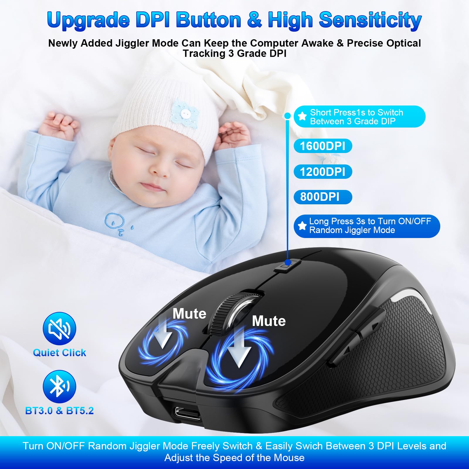 Mouse per MacBook Bluetooth Wireless Mouse Laptop MacBook Air Mac Pro Silenzioso Ricaricabile PC iPad Mouse Ottico con Jiggler Dual Mode Switch Bluetooth 5.2/3.0 e 2.4GHz USB Type-C Receiver SILVERY