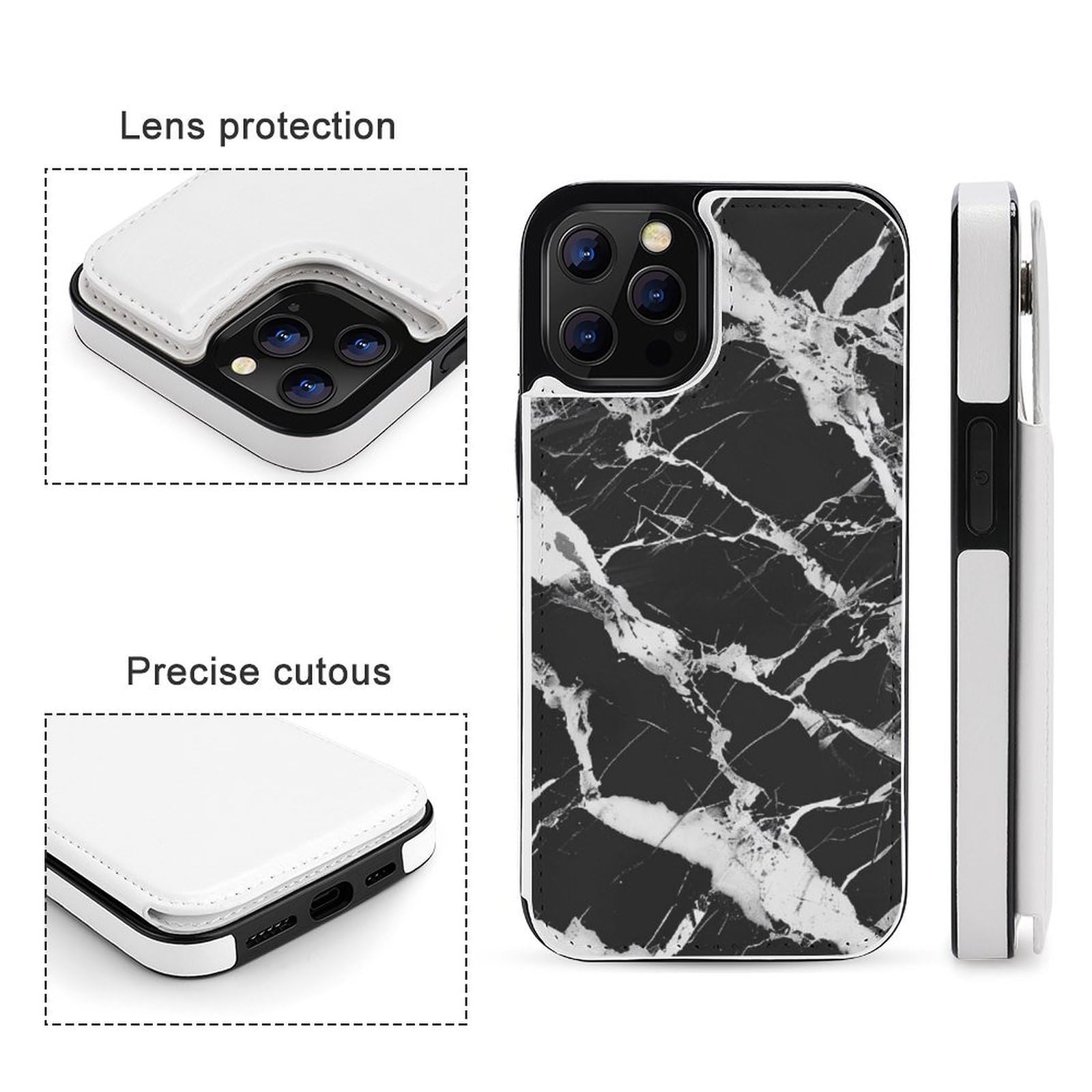 Fundas tipo cartera para iPhone 12 Pro Max, con estampado de mármol blanco y negro, funda de piel con ranuras para tarjetas