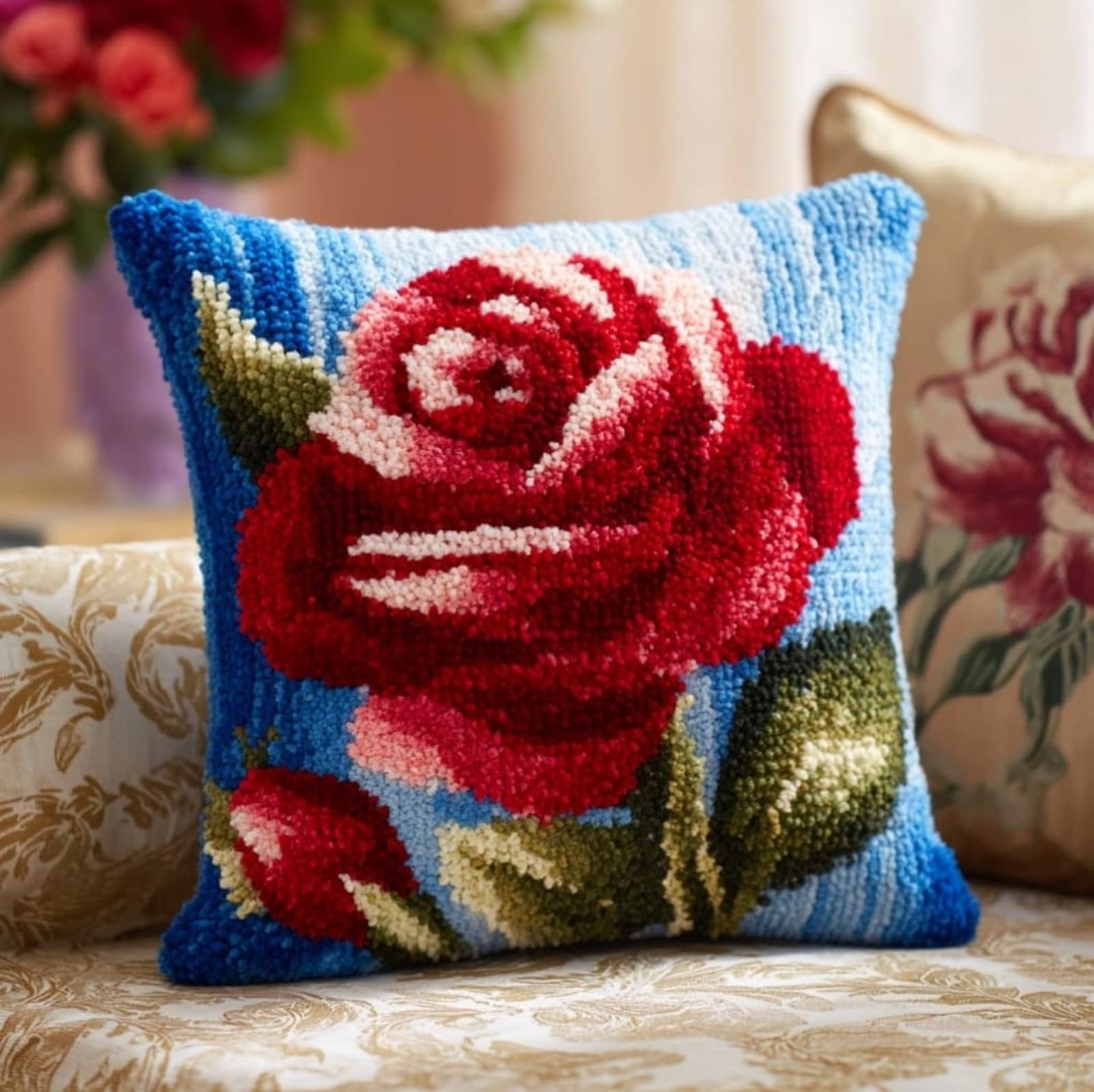 WallustrioaW 43x43cm DIY Latch Hook Cushion Kit,Blue Roses