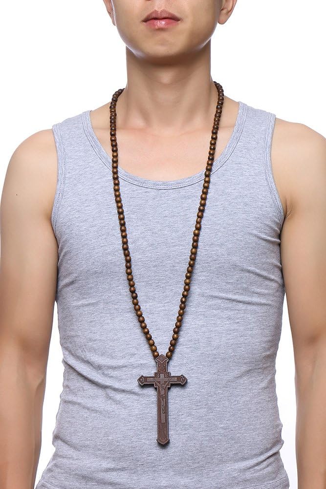MEALGUET Large Wooded Cross Necklace Big Beaded Religious Christian Catholic Crucifix Rosary Cross Necklace Costume Accessories for Women - Image 4