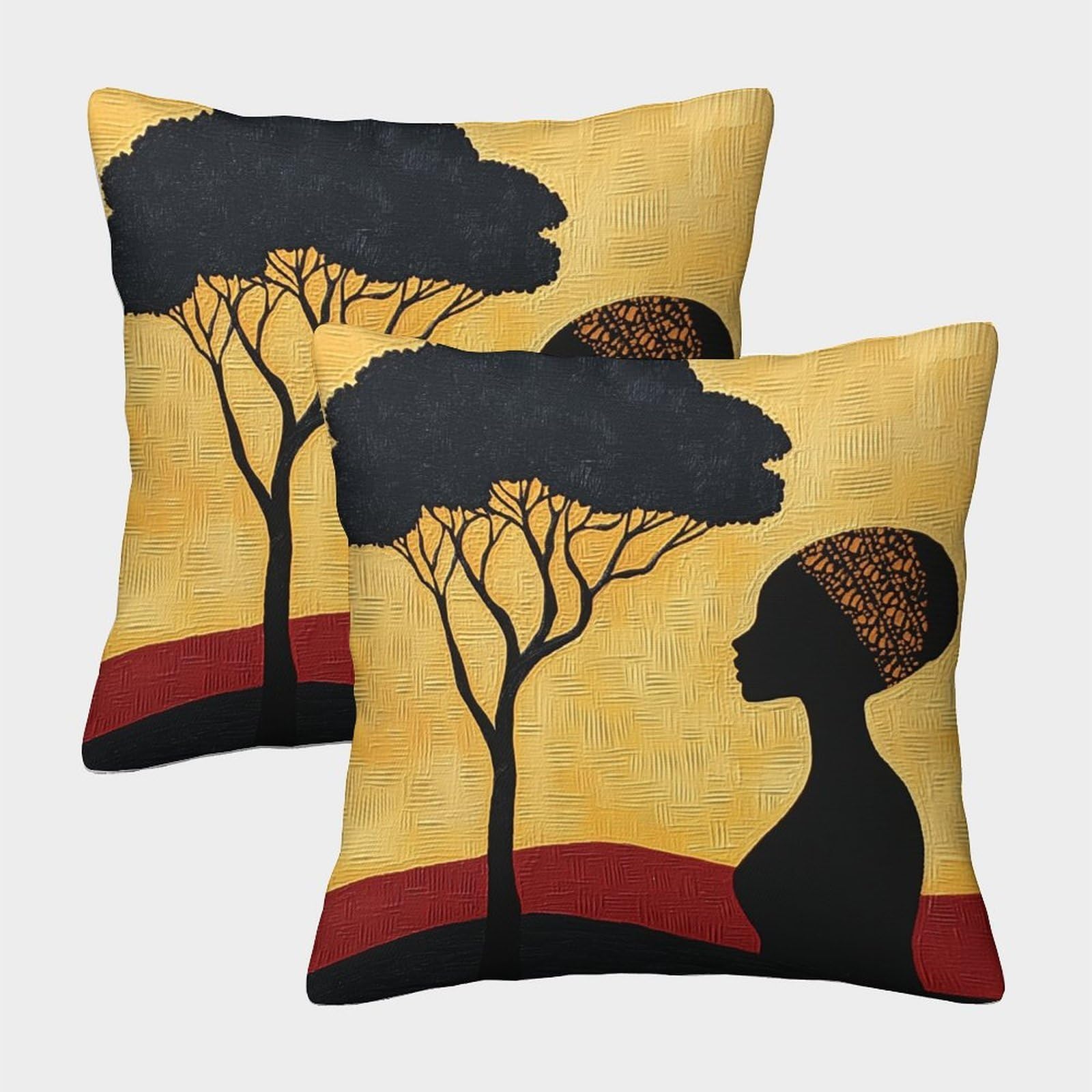 kaiyun 2 Pack 3D African Art,Tree, Woman Silhouette Theme Square Cushion Cover Decoration Pillow Cover Suitable for Home Sofa Bedroom Living Room 40x40cm