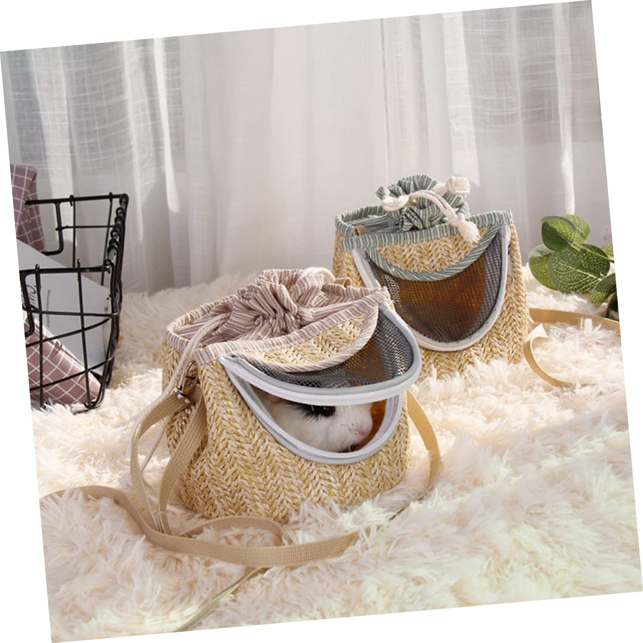 GRIRIW Tiny Pet Carrier Bag Straw-Woven Hamster Outing Backpack for Hamster Gerbil Guinea Pig Chinchilla Squirrel Hedgehog