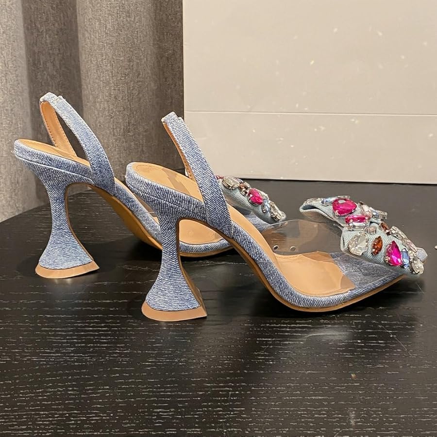 Amazon.com | KOKOMOMO Womens Blue Denim Heels Bow Rhinestone
