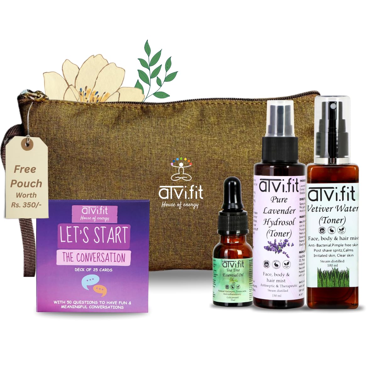 Atvi.fit Life style Combo with free Pouch Let's start a conversation" cards, Tea Tree Oil | For Skin, Hair, Face 15ml,Vetiver Water Natural Skin Toner 150ml,Lavender Hydrosol | |Natural Toner 150ml-image-5