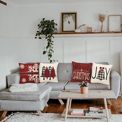 Miniatura 3 de Geefuun Juego de 4 fundas de almohada rojas de Navidad, decoración del hogar, 18 x 18 pulgadas, para Navidad, vacaciones, invierno, dormitorio, para
