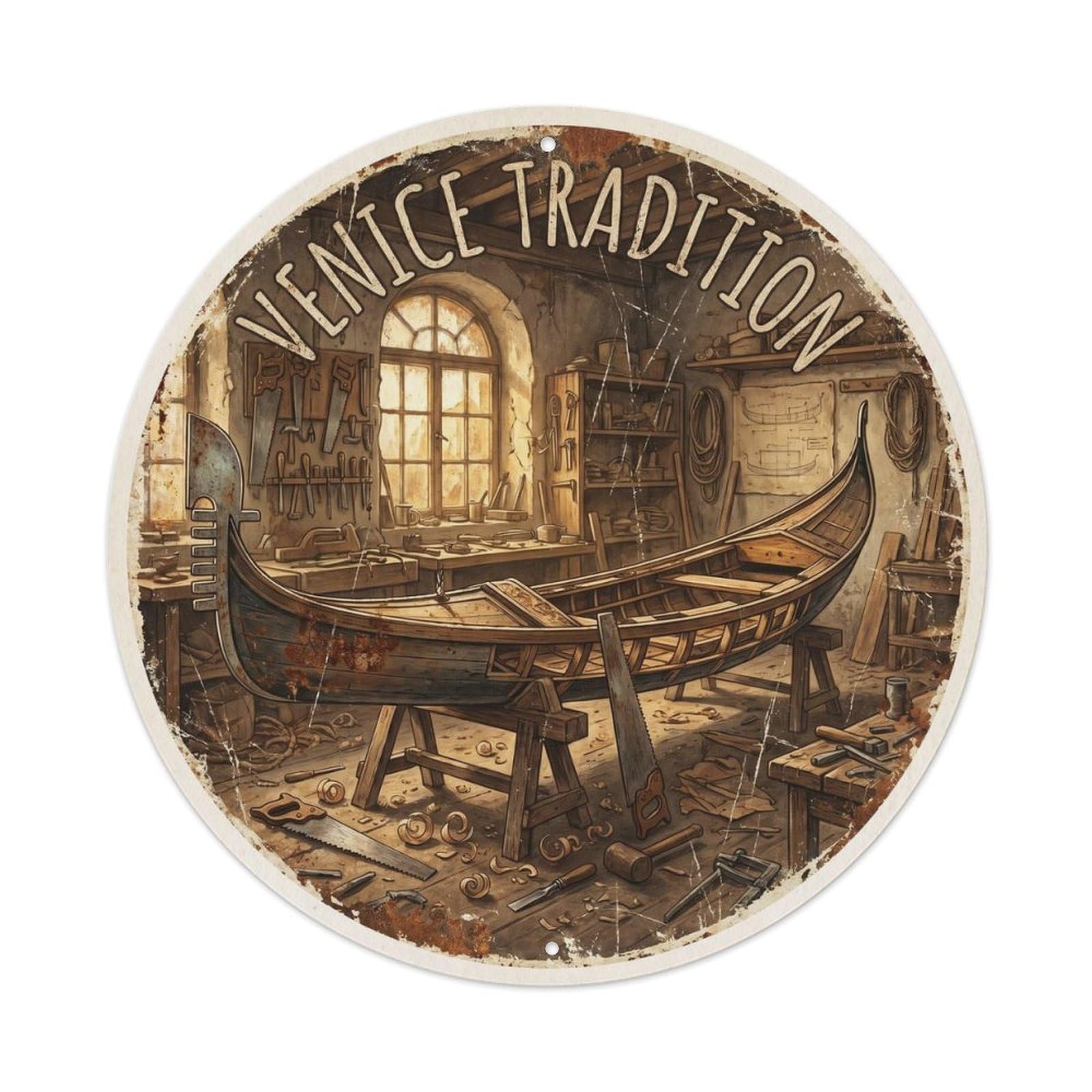 Italian Venice Lagoon Gondola Romantic Canal Guide Discovery Metal Tin Sign Plaque Wall Decor for Cafe, Man Cave, Club Bar, Office, Home Garden Round Metal Poster 8x8Inch