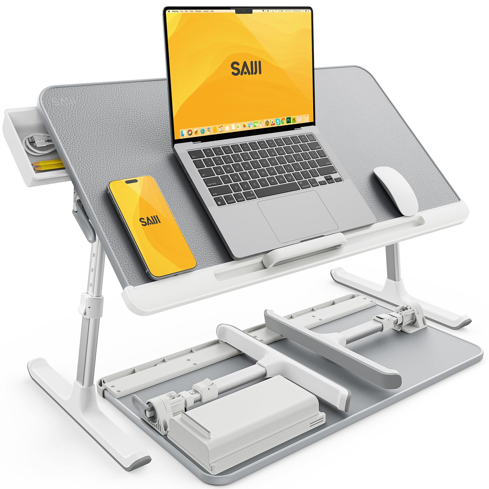 Laptop Bed Table, SAIJI 100% Eco-friendly wooden planks, Laptop Stand with Drawer, Folding Legs, 40kg Load, Angle Height Adjustable, Reading, Eating on Bed, Sofa (Grey 23.6 * 12.6in)